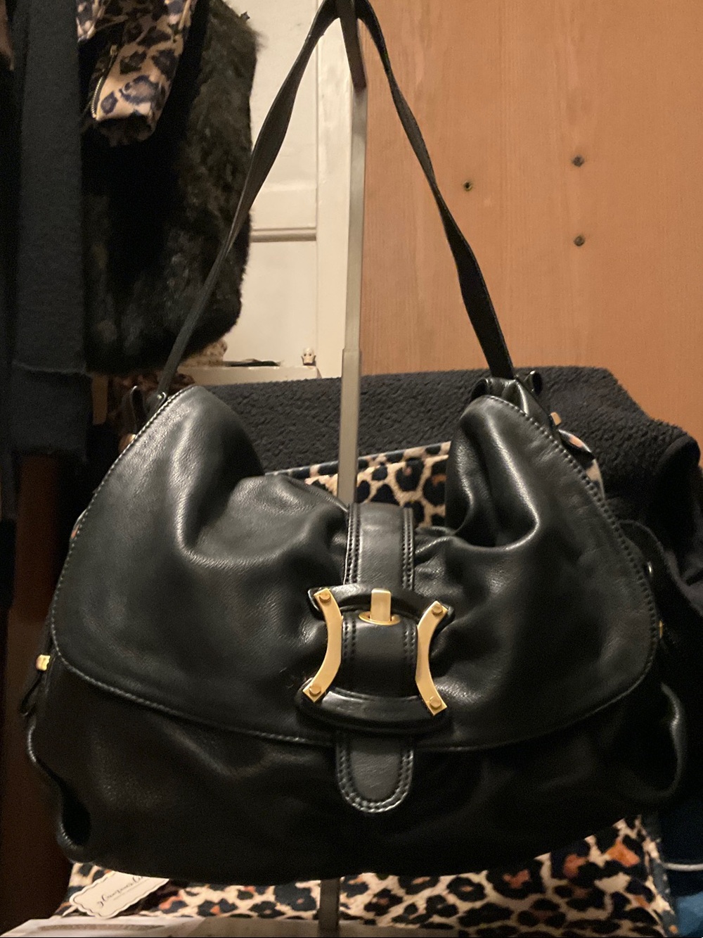 b. makowsky Black Leather Shoulder Bag with Gold Hardware